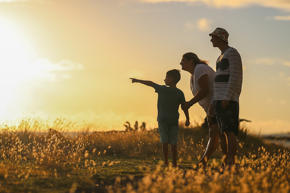 family in field at dusk